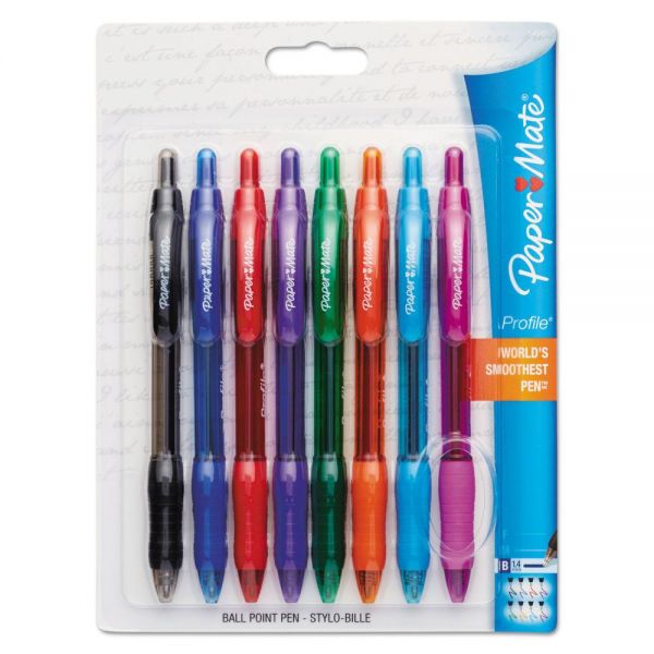 PAP1960662 Paper Mate Profile Ballpoint Retractable Pen, Assorted Ink, Bold, 8/Set