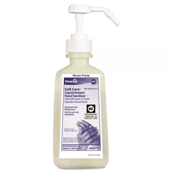 DVO3400114 Diversey Soft Care Instant Hand Sanitizer, 500mL Pump Bottle, Clear, Unscented, 12/Carton
