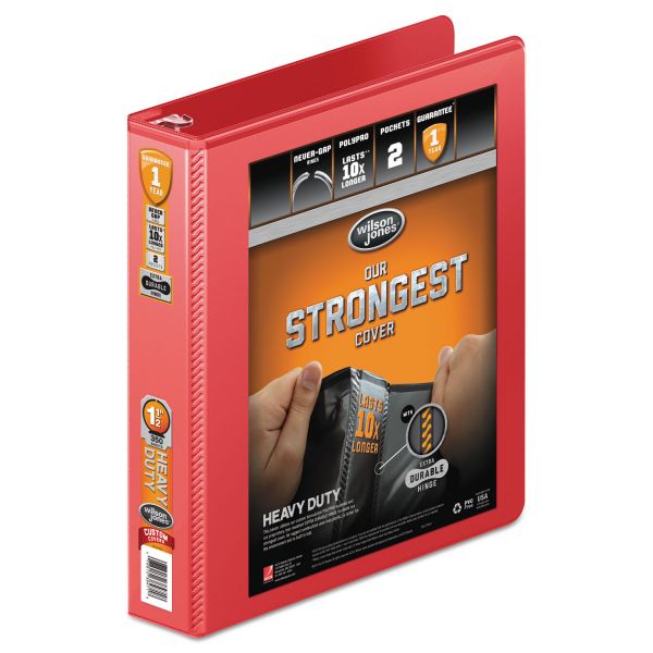 WLJ363341797 Wilson Jones Heavy-Duty 3-Ring View Binder w/Extra-Durable Hinge, 1 1/2" Capacity, Round Ring, Red