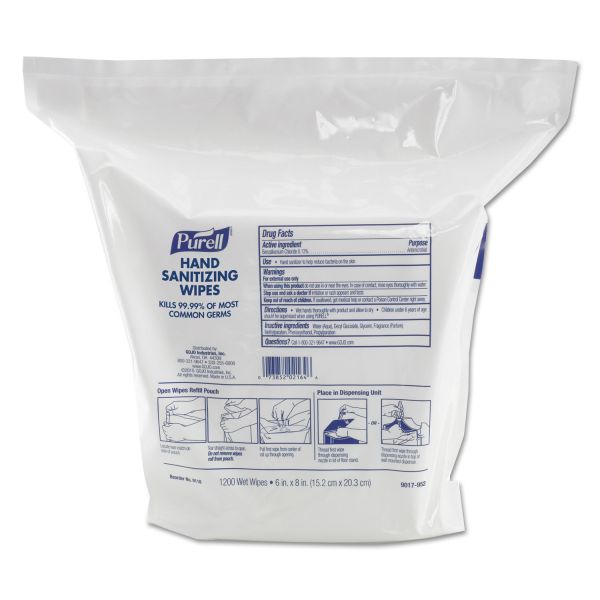 GOJ911802 PURELL Hand Sanitizing Wipes, 6" x 8", White, 1200/Refill Pouch, 2 Refills/Carton