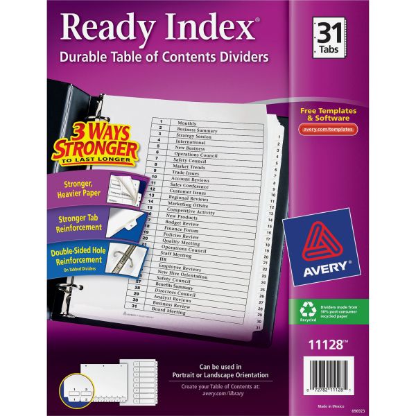 AVE11128 Avery Ready Index Customizable Table of Contents Black & White Dividers, 31-Tab, Ltr