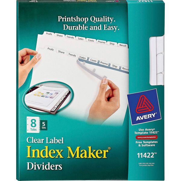 AVE11422 Avery Print & Apply Clear Label Dividers, 8-Tab, White Tab, Letter, 5 Sets