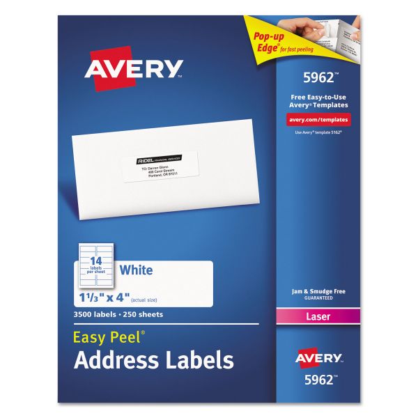 AVE5962 Avery Easy Peel Mailing Address Labels, Laser, 1 1/3 x 4, White, 3500/Box