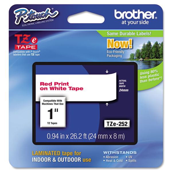 BRTTZE252 Brother P-Touch TZe Standard Adhesive Laminated Labeling Tape, 1"w, Red on White