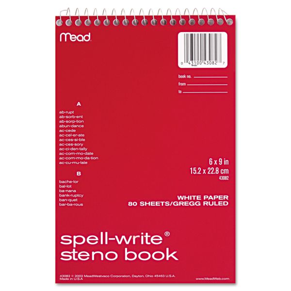 MEA43082 Mead Spell Write Wirebound Steno Book, Gregg Rule, 6 x 9, White, 80 Sheets