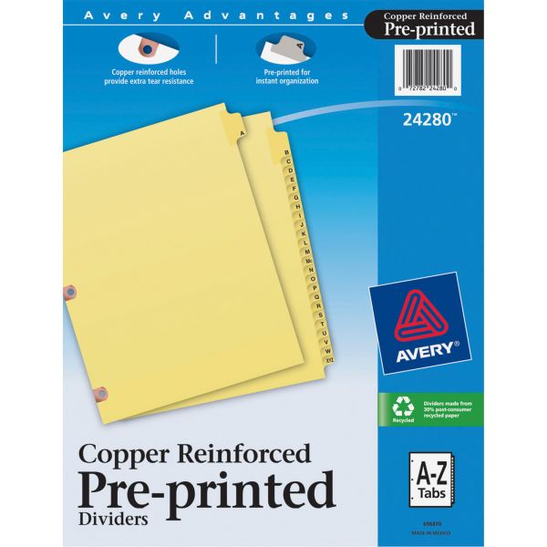 AVE24280 Avery Preprinted Laminated Tab Dividers w/Copper Reinforced Holes, 25-Tab, Letter