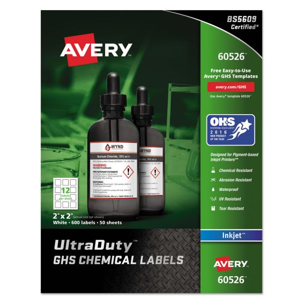 AVE60526 Avery GHS Chemical Waterproof & UV Resistent Labels, Inkjet, 2 x 2, 600/Pack
