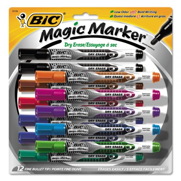 BICGELIPP121AST BIC Magic Marker Low Odor & Bold Writing Dry Erase Marker Pen, Bullet, Assort, Dozen