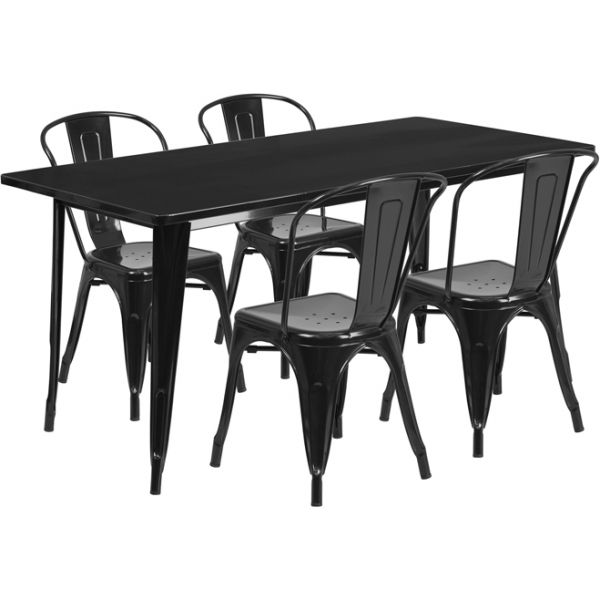 FHFETCT005430BKGG Flash Furniture 31.5'' x 63'' Rectangular Black Metal Indoor-Outdoor Table Set with 4 Stack Chairs