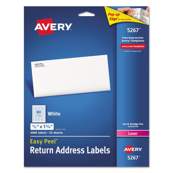 AVE5267 Avery Easy Peel Return Address Labels, Laser, 1/2 x 1 3/4, White, 2000/Pack