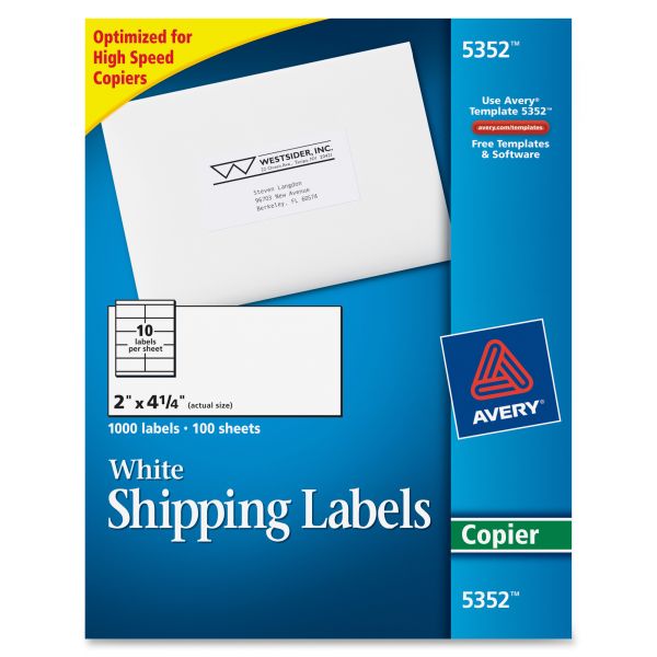 AVE5352 Avery Copier Shipping Labels, 2 x 4 1/4, White, 1000/Box