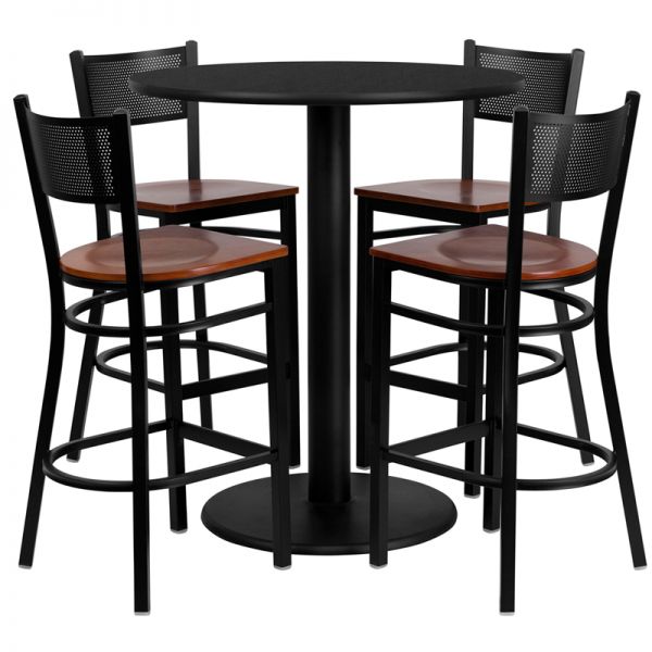 FHFMD0018GG Flash Furniture 36'' Round Black Laminate Table Set with 4 Grid Back Metal Barstools - Cherry Wood Seat