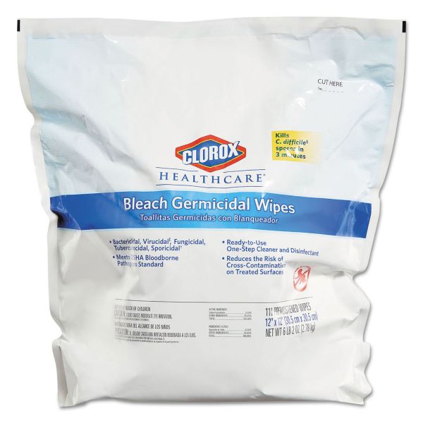 CLO30359CT Clorox Healthcare Bleach Germicidal Wipes, 12 x 12, Unscented, 110/Refill, 2/Carton