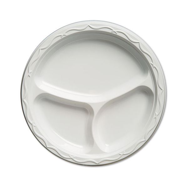 GNP71300 Genpak Aristocrat Plastic Plates, 10 1/4 Inches, White, Round, 3 Compartments, 125/Pack