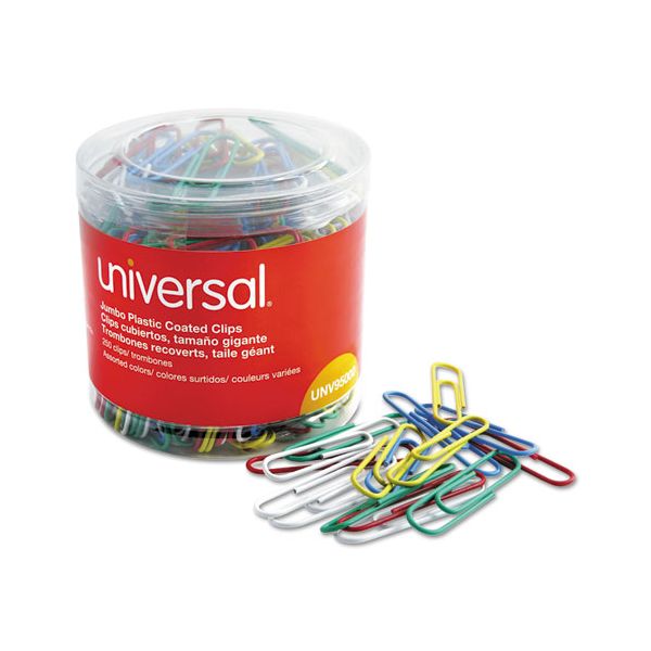 UNV95000 Universal Plastic-Coated Wire Paper Clips, Jumbo, Assorted Colors, 250/Pack