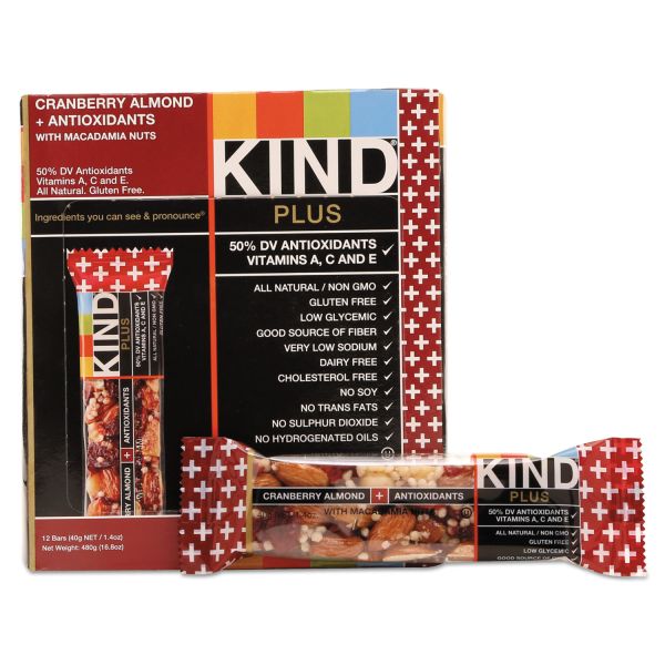 KND17211 KIND Plus Nutrition Boost Bar, Cranberry Almond and Antioxidants, 1.4 oz, 12/Box