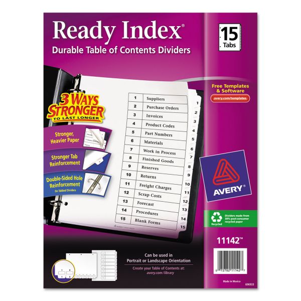 AVE11142 Avery Ready Index Customizable Table of Contents Black & White Dividers, 15-Tab, Ltr