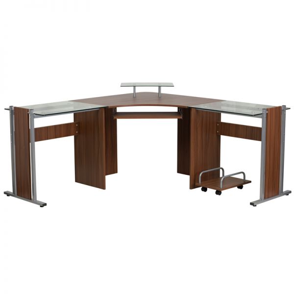 FHFNANWK105GG Flash Furniture Teakwood Laminate Corner Desk with Pull-Out Keyboard Tray and CPU Cart