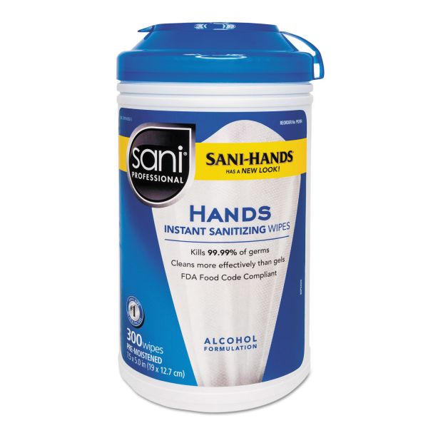 NICP92084EA Sani Professional Hands Instant Sanitizing Wipes with Polypropylene, 7 1/2 x 5, 300/Canister