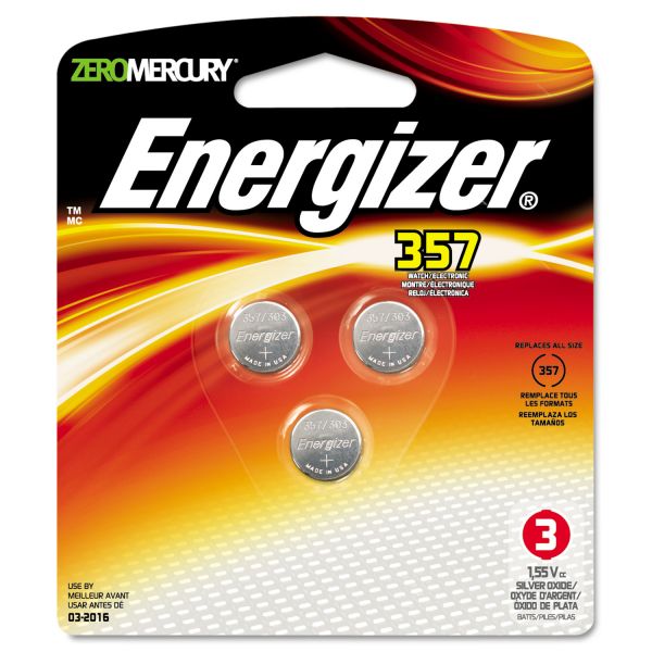 EVE357BPZ3 Energizer Watch/Electronic Battery, SilvOx, 357, 1.5V, MercFree, 3/Pk