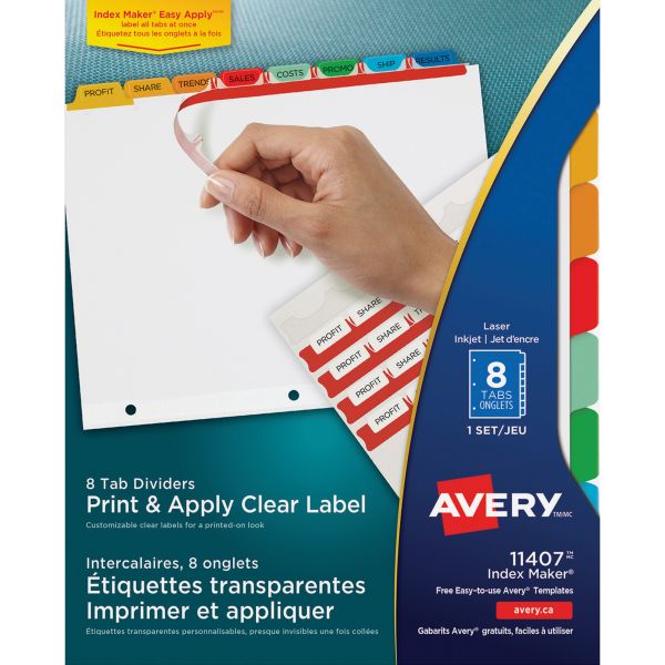 AVE11407 Avery Index Maker Print & Apply Clear Label Dividers, 8-Tab, Multi-color Tab, Letter, 1 Set