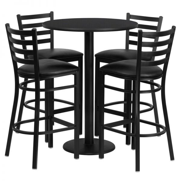 FHFRSRB1021GG Flash Furniture 30'' Round Black Laminate Table Set with 4 Ladder Back Metal Barstools - Black Vinyl Seat