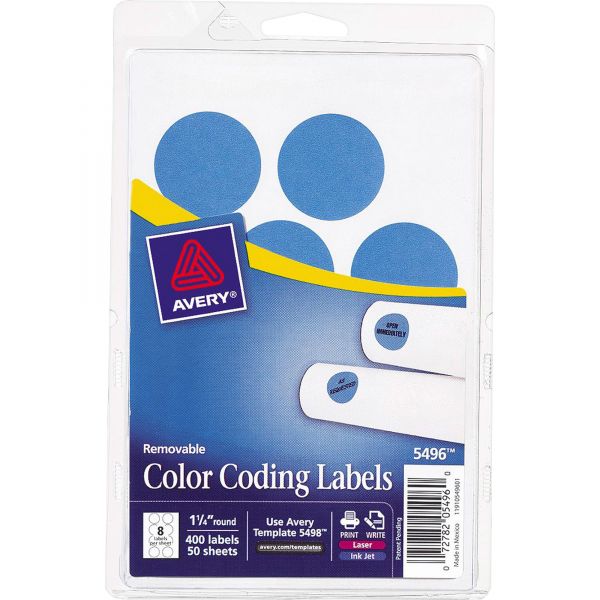 AVE05496 Avery Printable Removable Color-Coding Labels, 1 1/4" dia, Light Blue, 400/Pack