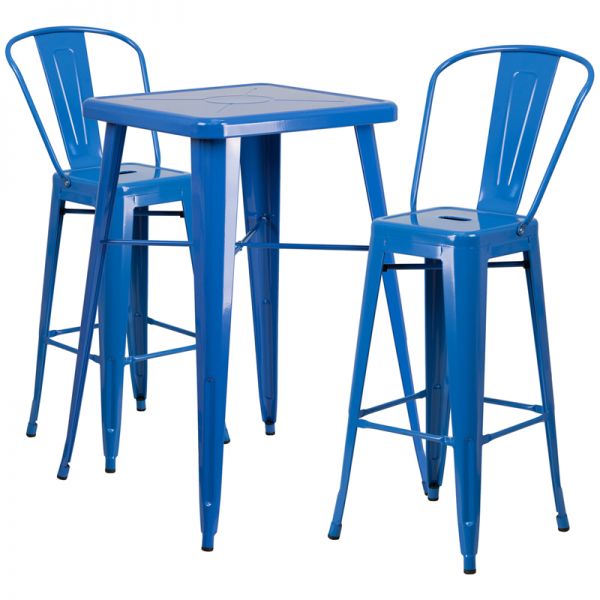 FHFCH31330B230GBBLGG Flash Furniture 23.75'' Square Blue Metal Indoor-Outdoor Bar Table Set with 2 Barstools with Backs