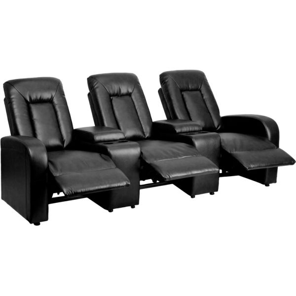 FHFBT702593BKGG Flash Furniture Eclipse Series 3-Seat Reclining Black Leather Theater Seating Unit with Cup Holders