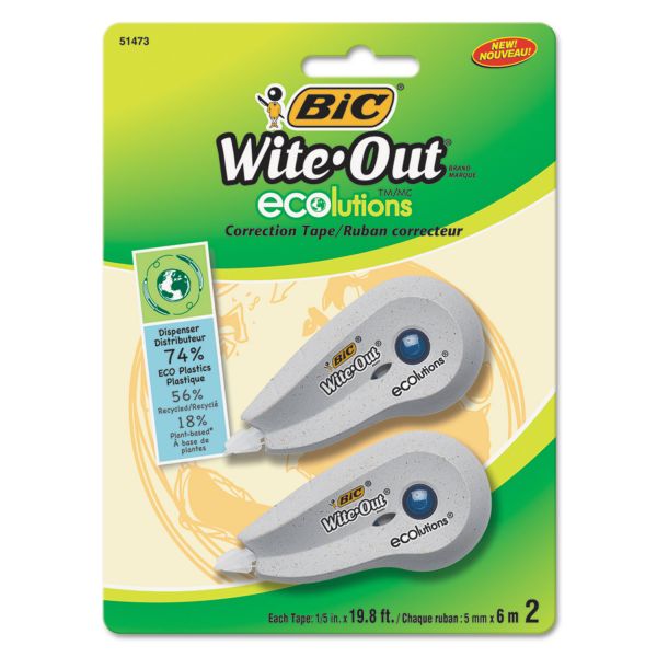 BICWOETP21 BIC Wite-Out Ecolutions Mini Correction Tape, White, 1/5" x 235", 2/Pack