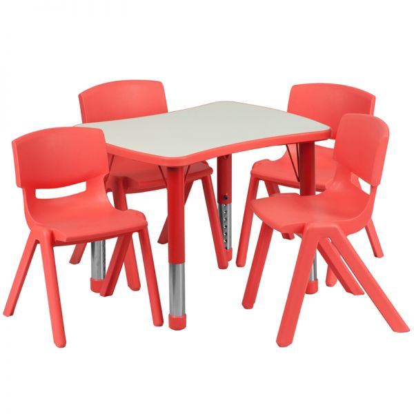 FHFYUYCY0980034RECTTBLREDGG Flash Furniture 21.875''W x 26.625''L Adjustable Rectangular Red Plastic Activity Table Set with 4 School Stack Chairs