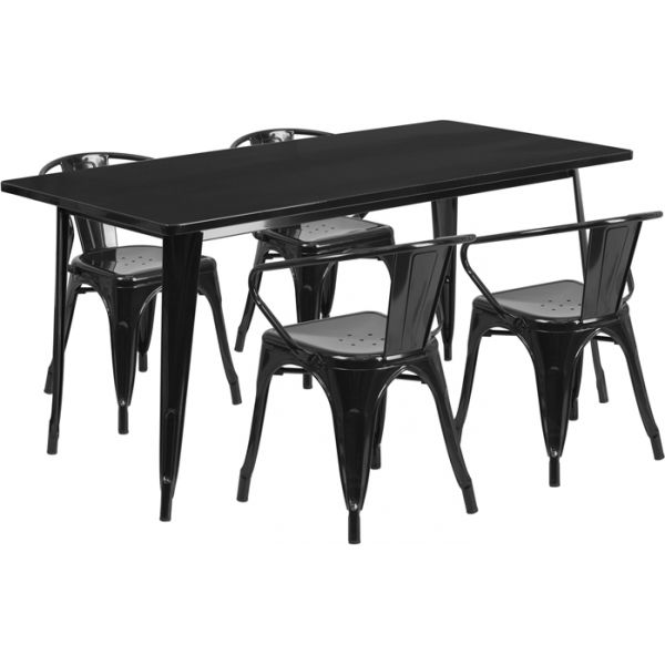 FHFETCT005470BKGG Flash Furniture 31.5'' x 63'' Rectangular Black Metal Indoor-Outdoor Table Set with 4 Arm Chairs