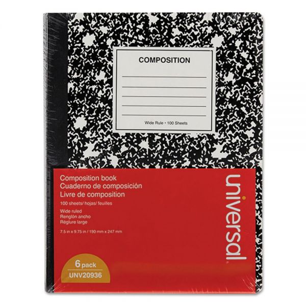 UNV20946 Universal Composition Book, College Rule, 9 3/4 x 7 1/2, White, 100 Sheets, 6/Pack