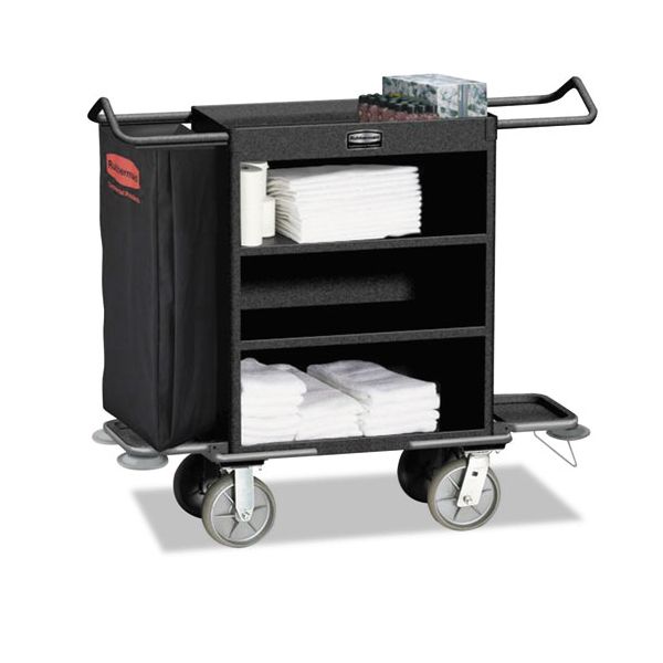 RCP9T59BLA Rubbermaid Commercial Cruise Housekeeping Cart, Black, Steel, 19 x 50 x 55, 3-Shelf