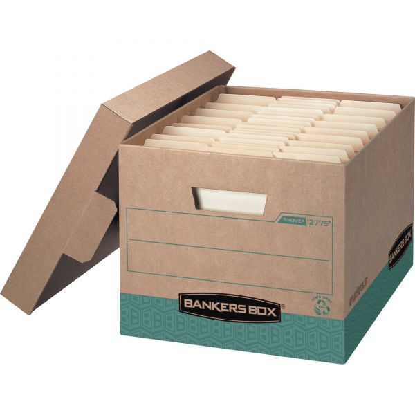 FEL12775 Bankers Box R-KIVE Storage Box, Letter/Legal, Locking Lift-off Lid, Kraft/Green, 12/Carton