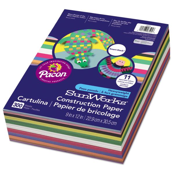 PAC6525 SunWorks Construction Paper Smart-Stack, 58 lbs., 9 x 12, Assorted, 300 Sheets/Pack