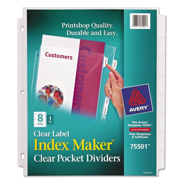 AVE75501 Avery Index Maker Print & Apply Clear Label Sheet Protector Dividers, 8-Tab, White Tab, Letter, 1 Set