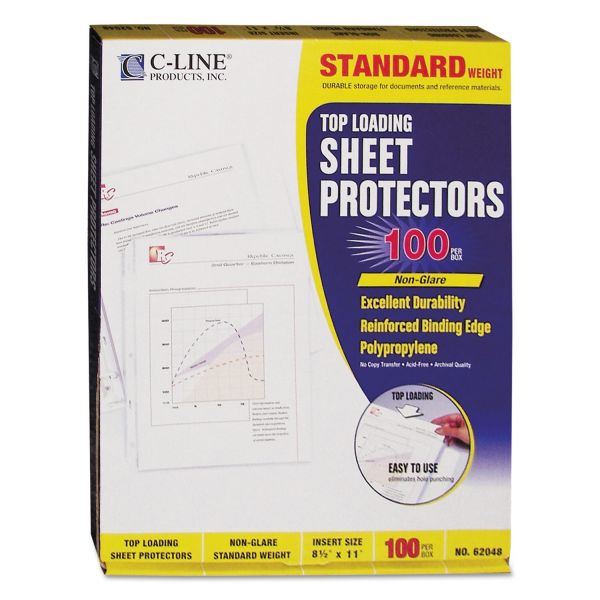CLI62048 C-Line Top Loading Polypropylene Sheet Protector, Letter, Standard Gauge, Non-Glare, Clear, 100/Box