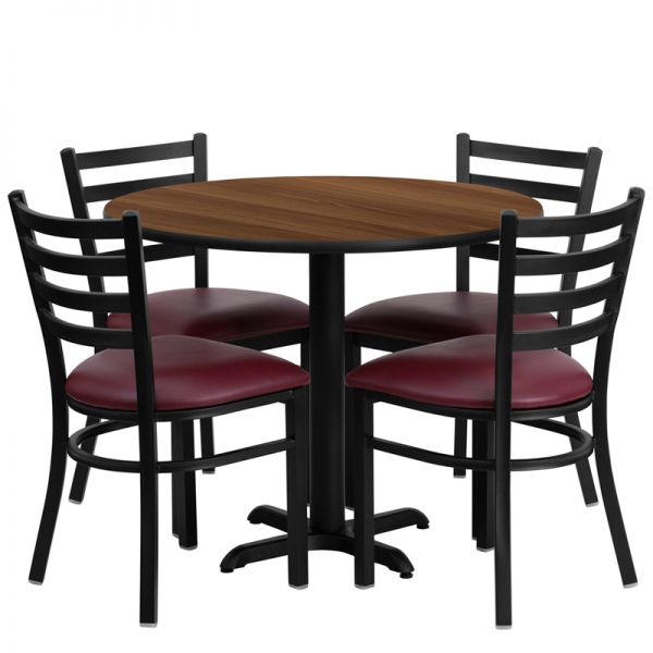 FHFHDBF1008GG Flash Furniture 36'' Round Walnut Laminate Table Set with 4 Ladder Back Metal Chairs - Burgundy Vinyl Seat