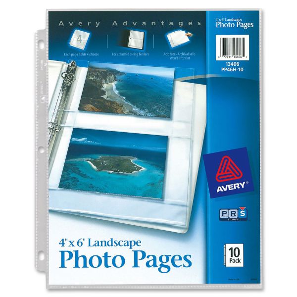 AVE13406 Avery Photo Storage Pages for Four 4 x 6 Horizontal Photos, 3-Hole Punched, 10/Pack