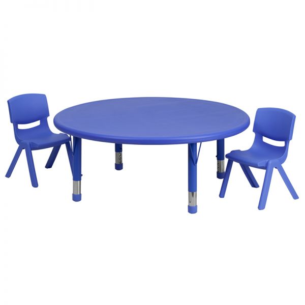 FHFYUYCX00532ROUNDTBLBLUERGG Flash Furniture 45'' Round Adjustable Blue Plastic Activity Table Set with 2 School Stack Chairs