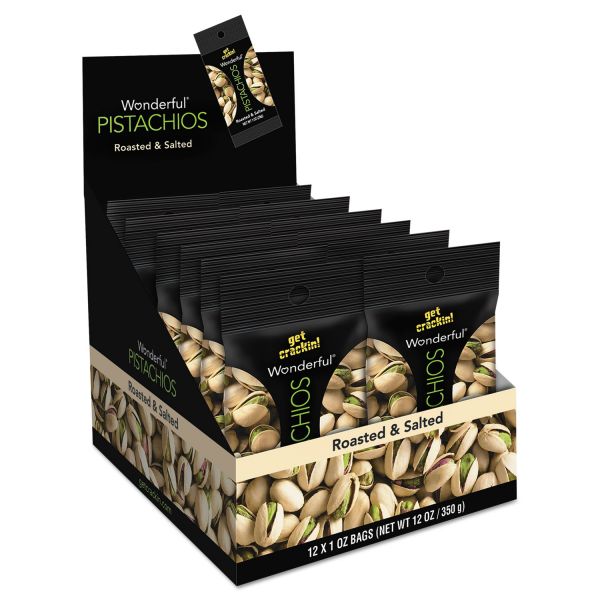 PAM072142A25X Paramount Farms Wonderful Pistachios, Roasted & Salted, 1 oz Pack, 12/Box