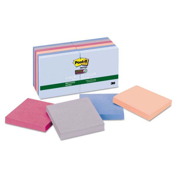 MMM65412SSNRP Post-it Notes Super Sticky Recycled Notes in Bali Colors, 3 x 3, 90-Sheet, 12/Pack
