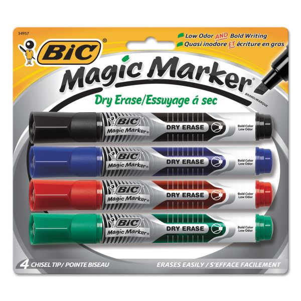 BICGELITP41AST BIC Magic Marker Low Odor & Bold Writing Dry Erase Marker, Chisel, 4/PK