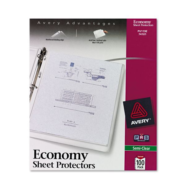 AVE74101 Avery Top-Load Sheet Protector, Letter, Economy Gauge, Semi-Clear, 100/Box
