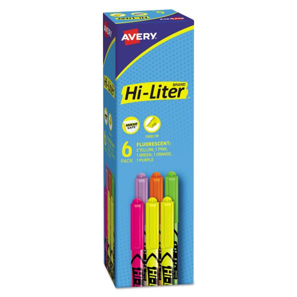 AVE23565 Avery HI-LITER Pen-Style Highlighters, Chisel Tip, Assorted Fluorescent Colors, 6/Set