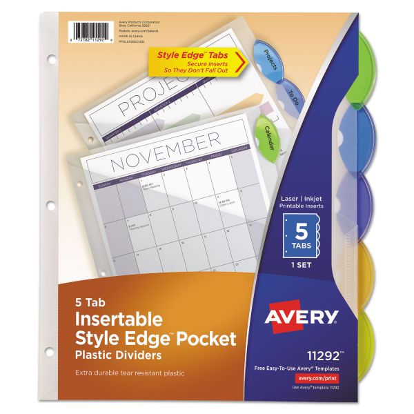 AVE11292 Avery Style Edge Insertable Dividers with Pocket, 5-Tab, Multi-color Tab, Letter, 1 Set