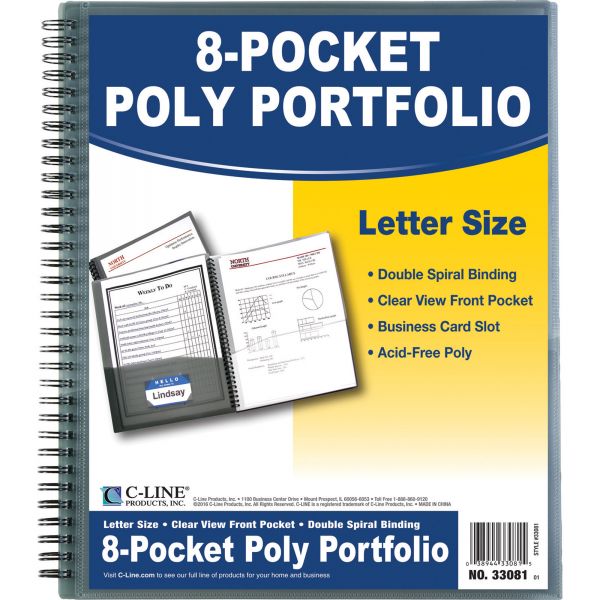 CLI33081 C-Line Eight-Pocket Portfolio, Polypropylene, 8 1/2 x 11, Smoke