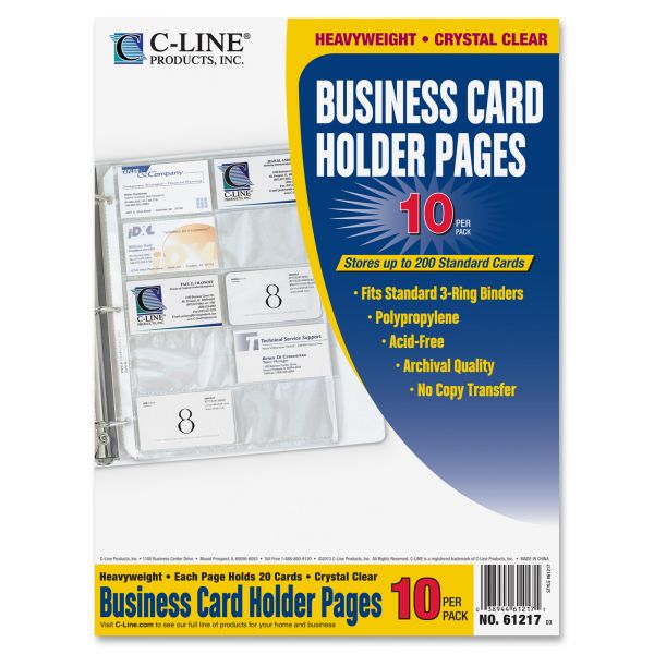 CLI61217 C-Line Business Card Binder Pages, Holds 20 Cards, 8 1/8 x 11 1/4, Clear, 10/Pack