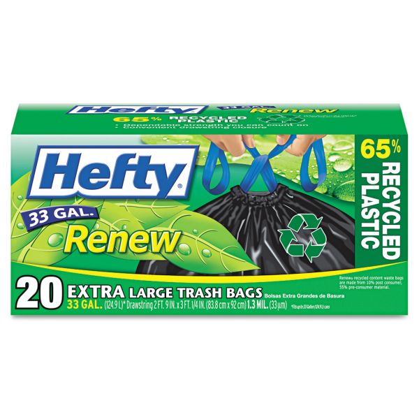 RFPE48729CT Hefty Renew Recycled Kitchen & Trash Bags, 33gal, 1.05mil, 24 x 27 1/4, Black, 20/Box